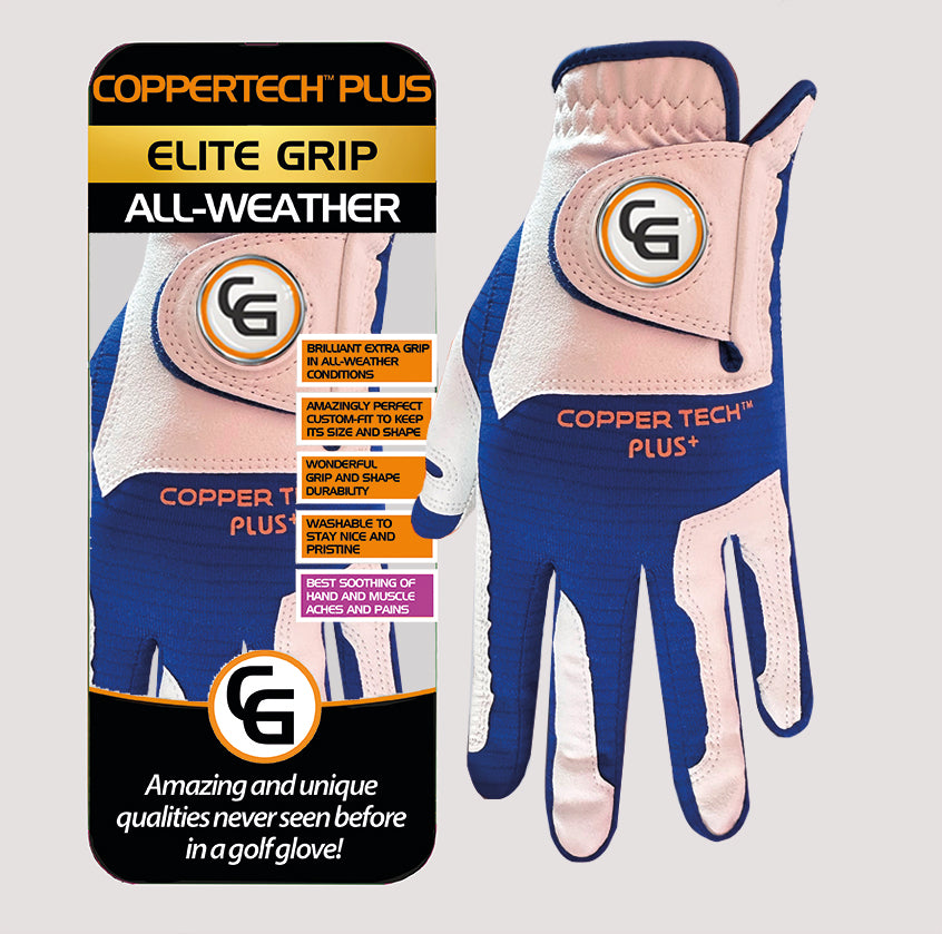 JUNIOR COPPERTECH PLUS ELITE GRIP ALL-WEATHER WHITE/ROYAL BLUE GOLF GLOVES