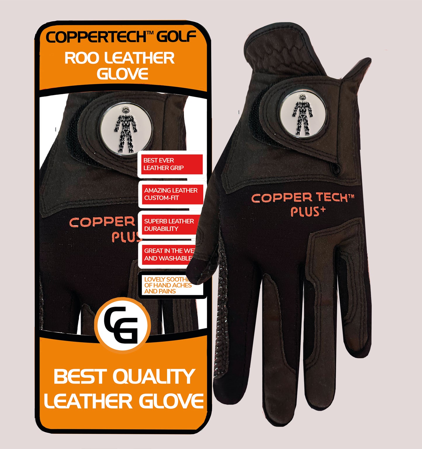 PROSTATE CANCER UK COPPERTECH PLUS ELITE GRIP ROO LEATHER BLACK/BLACK GOLF GLOVES