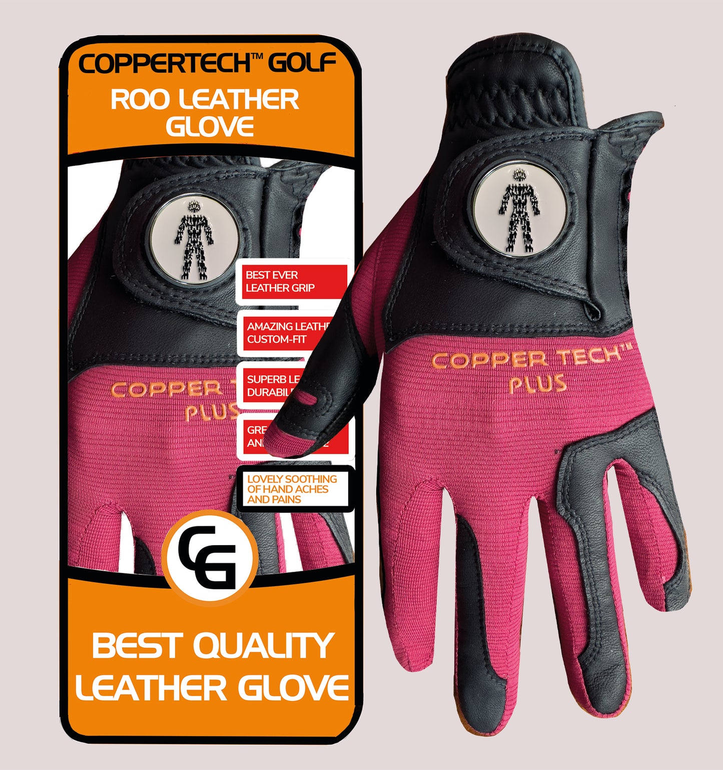 PROSTATE CANCER UK COPPERTECH PLUS ELITE GRIP ROO LEATHER RED/BLACK GOLF GLOVES