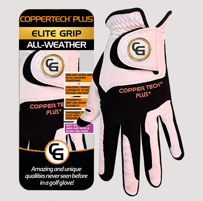 JUNIOR COPPERTECH PLUS ELITE GRIP ALL-WEATHER WHITE/BLACK GOLF GLOVES