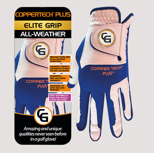JUNIOR COPPERTECH PLUS ELITE GRIP ALL-WEATHER WHITE/ROYAL BLUE GOLF GLOVES