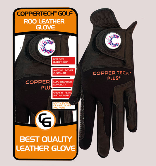 CANCER RESEARCH UK COPPERTECH PLUS ELITE GRIP ROO LEATHER BLACK/BLACK GOLF GLOVES