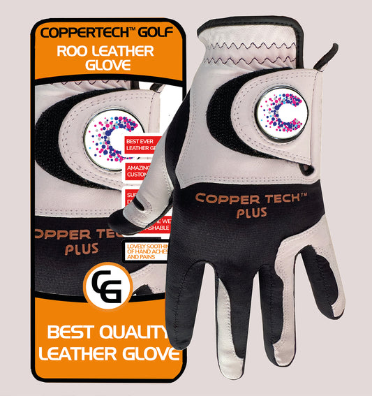 CANCER RESEARCH UK COPPERTECH PLUS ELITE GRIP ROO LEATHER BLACK/WHITE GOLF GLOVES