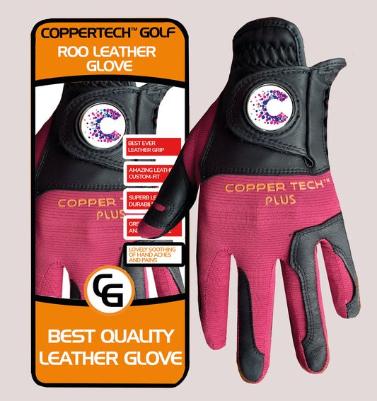 CANCER RESEARCH UK COPPERTECH PLUS ELITE GRIP ROO LEATHER RED/BLACK GOLF GLOVES