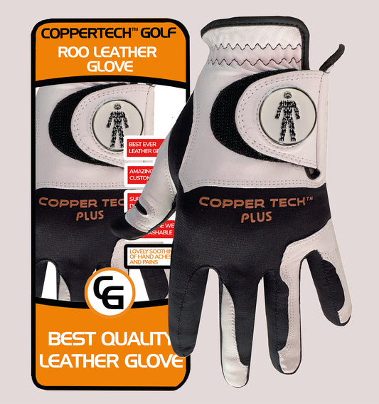 PROSTATE CANCER UK COPPERTECH PLUS ELITE GRIP ROO LEATHER BLACK/WHITE GOLF GLOVES