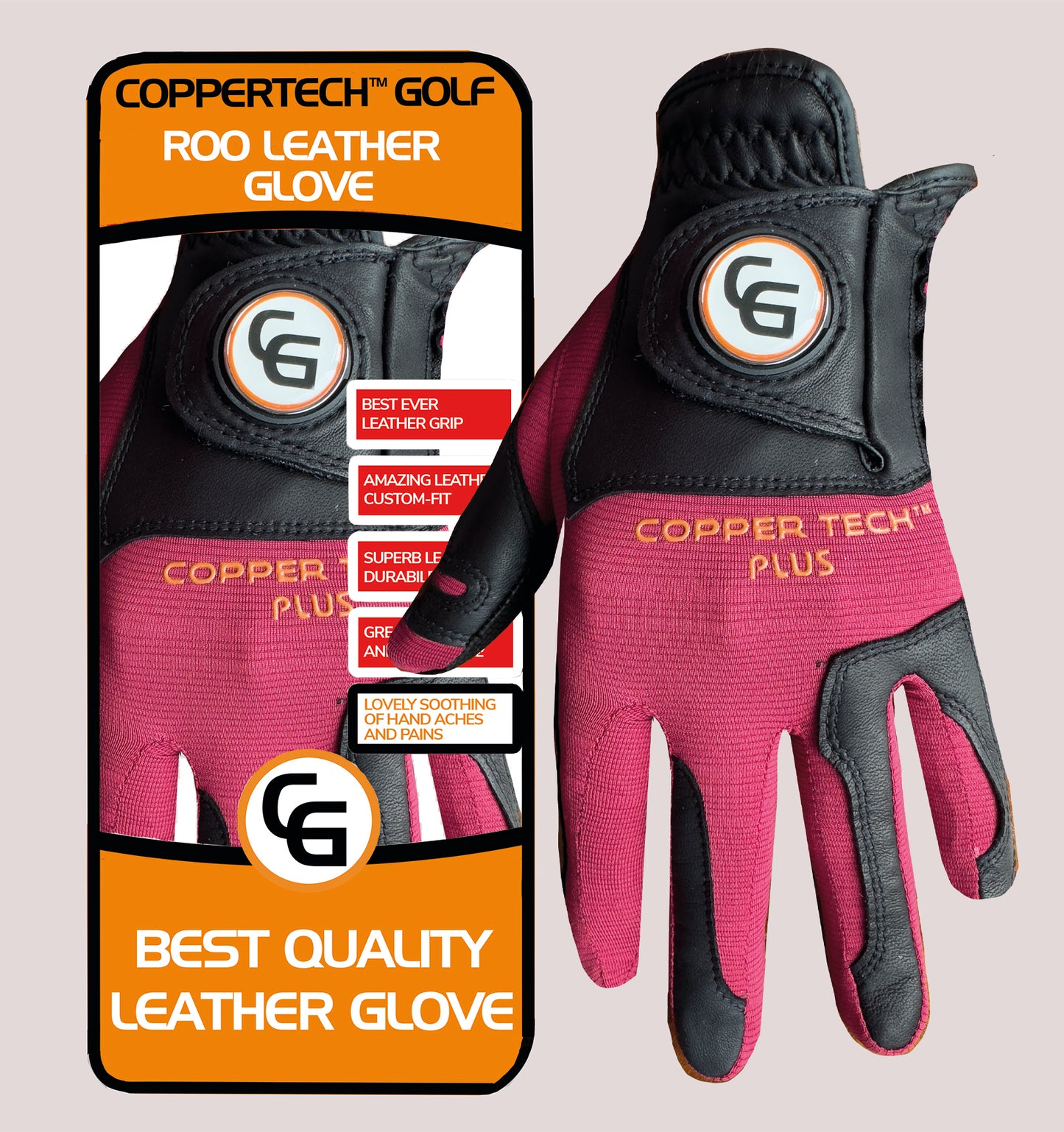 COPPERTECH PLUS ELITE GRIP ROO LEATHER RED/BLACK GOLF GLOVES